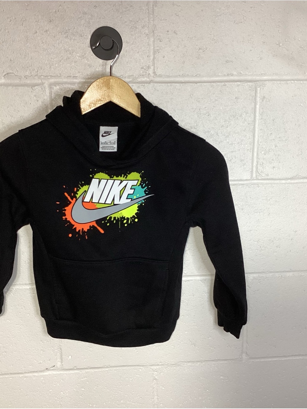 Nike Black Kids Hoodie with Multicolor Splatter Swoosh